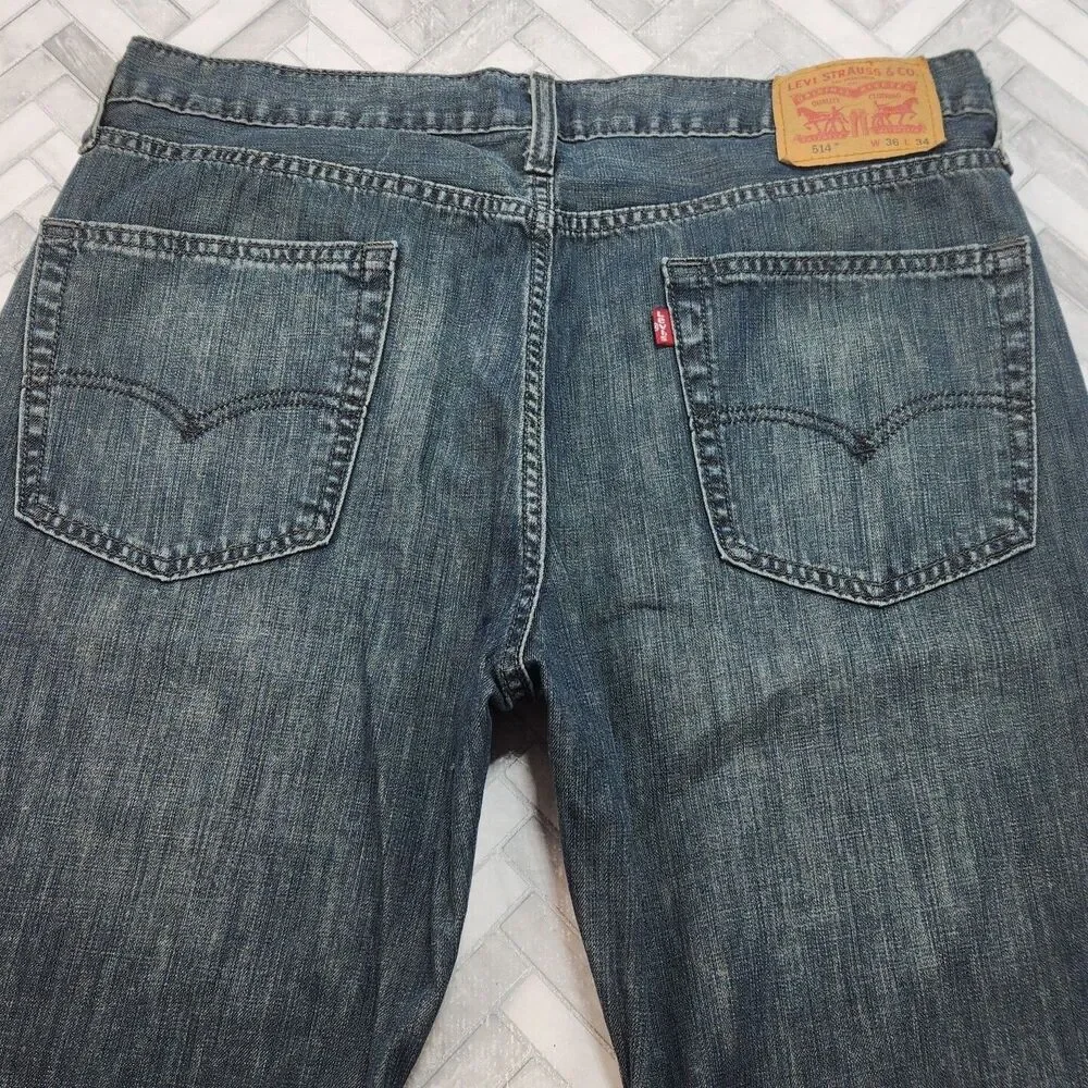 Levi's 514 Jeans Straight Fit Men Sz 36 x 34 Blue Dark Wash Denim Cotton Classic